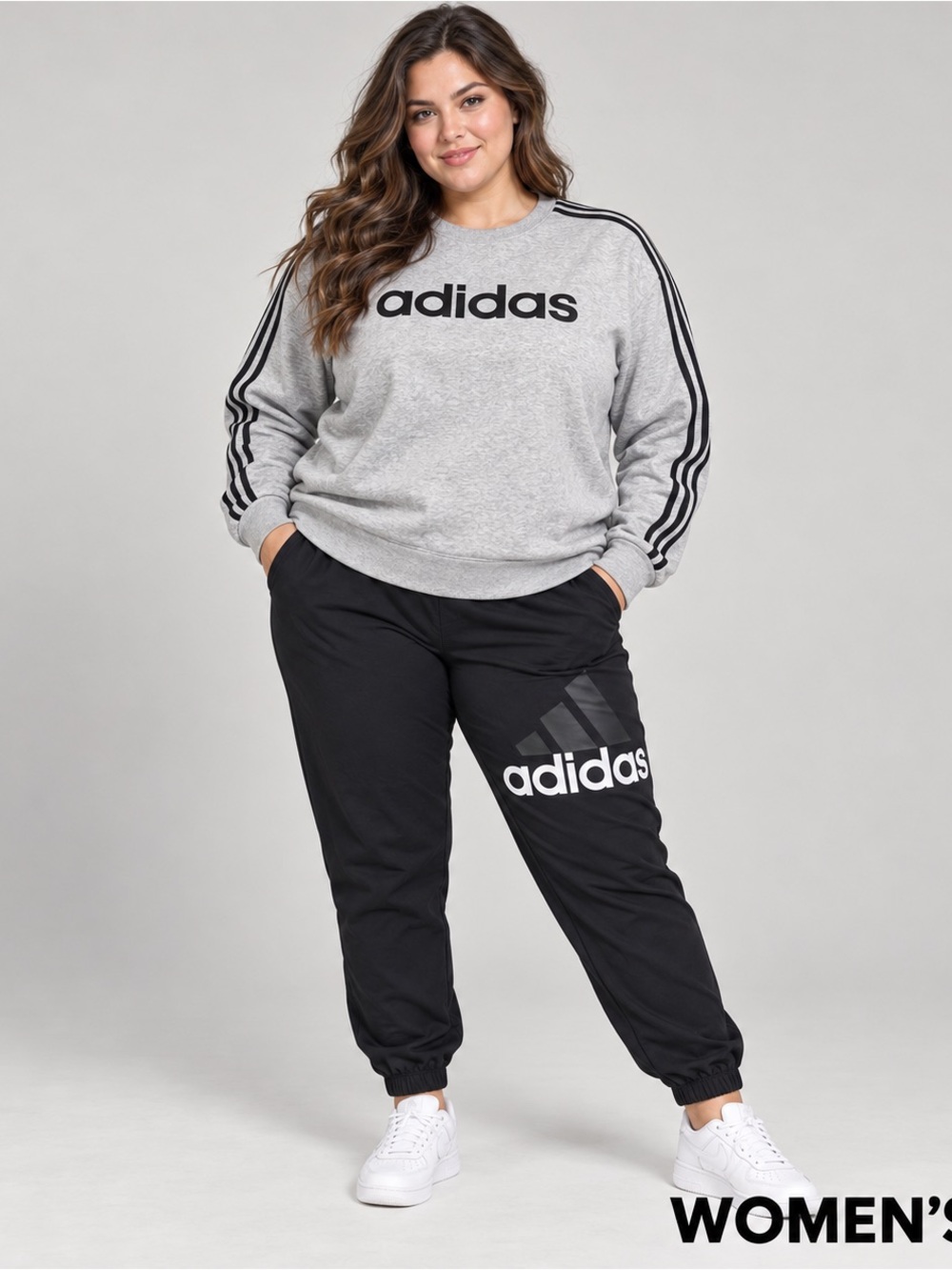 adidas Black Logo Track Joggers with gray crewneck outfit